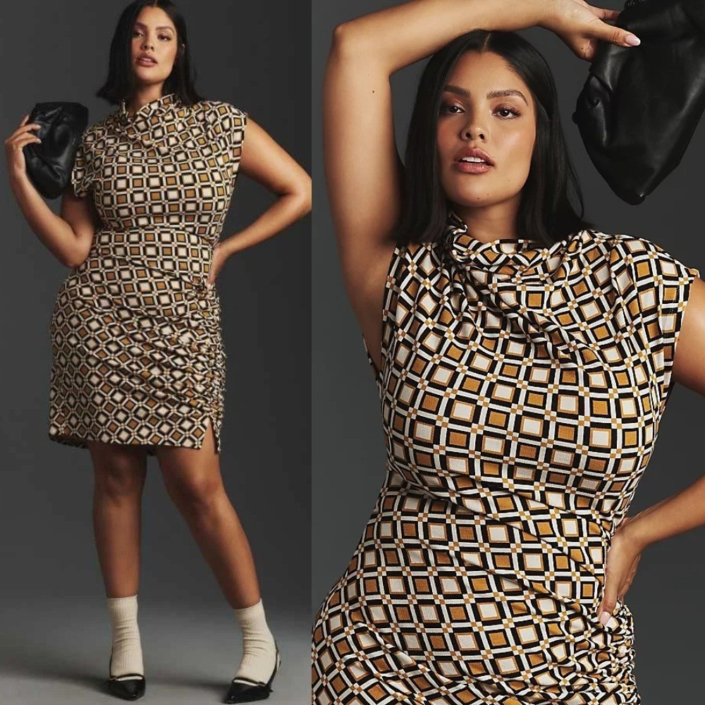 NWT by Anthropologie The Maya Ruched Cowl-Neck Mini Dress 2X Geometric‎ Print